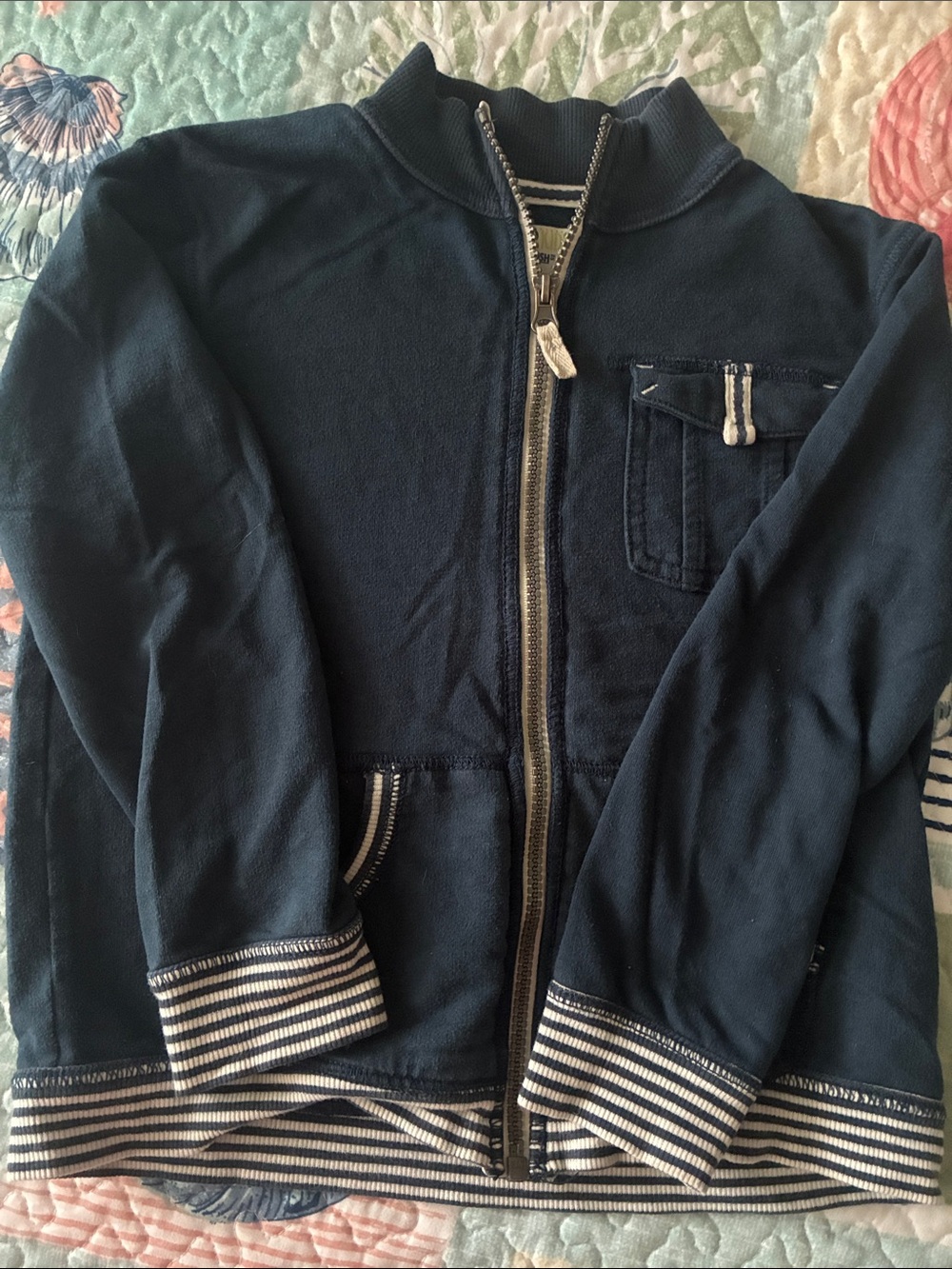 Kids' Navy Zip Front Jacket with Stripe Trim